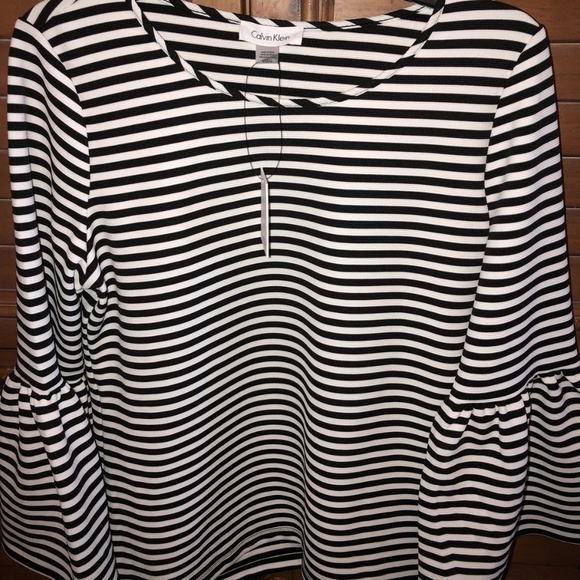 Calvin Klein Top Pullover Bell Sleeves Striped - Picture 1 of 4